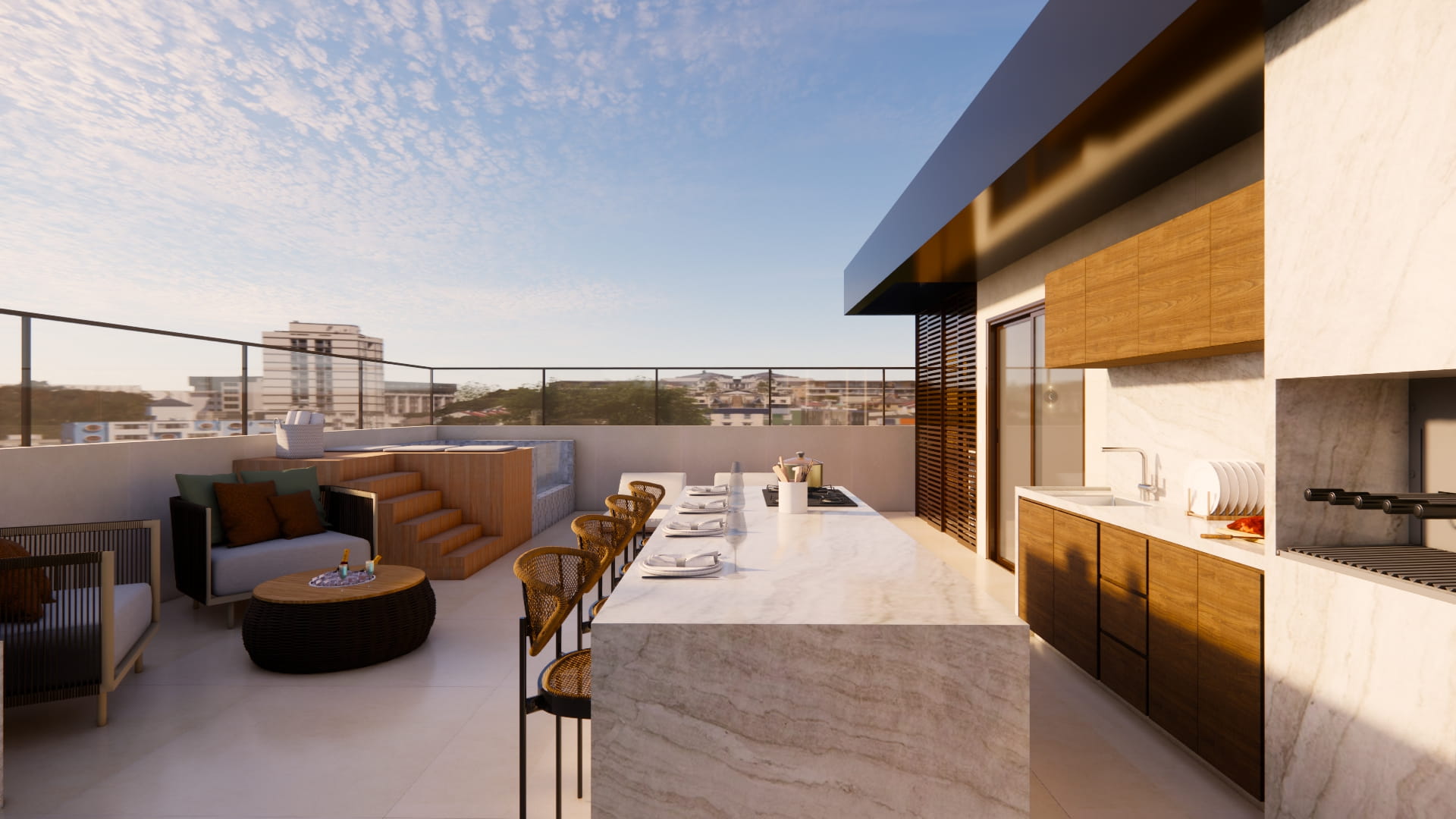 Terraço gourmet com jacuzzi no Serenity Residence, Cidade Nova